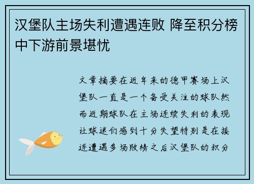 汉堡队主场失利遭遇连败 降至积分榜中下游前景堪忧