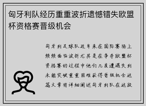 匈牙利队经历重重波折遗憾错失欧盟杯资格赛晋级机会
