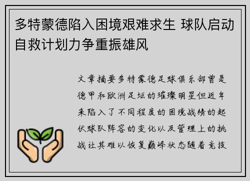 多特蒙德陷入困境艰难求生 球队启动自救计划力争重振雄风