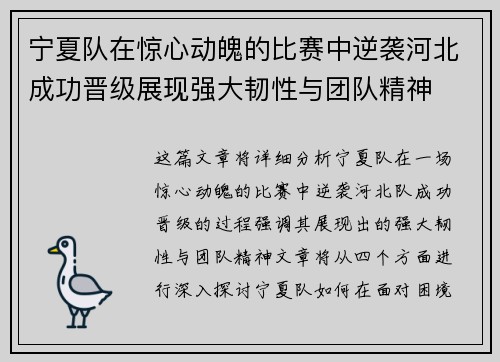 宁夏队在惊心动魄的比赛中逆袭河北成功晋级展现强大韧性与团队精神