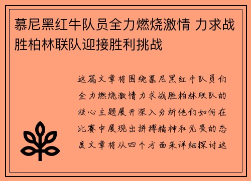 慕尼黑红牛队员全力燃烧激情 力求战胜柏林联队迎接胜利挑战
