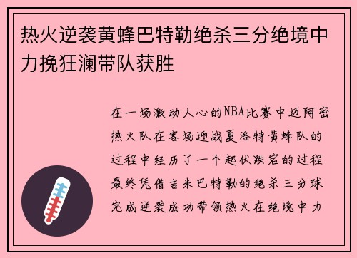 热火逆袭黄蜂巴特勒绝杀三分绝境中力挽狂澜带队获胜