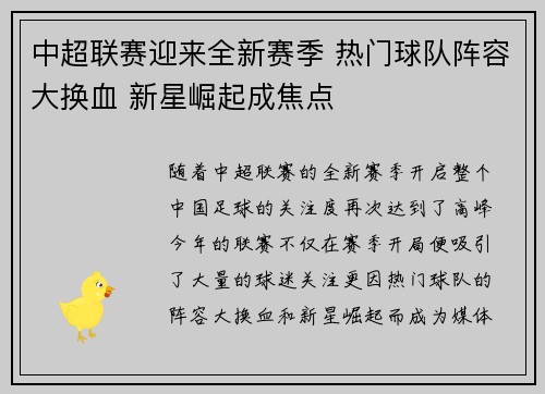 中超联赛迎来全新赛季 热门球队阵容大换血 新星崛起成焦点