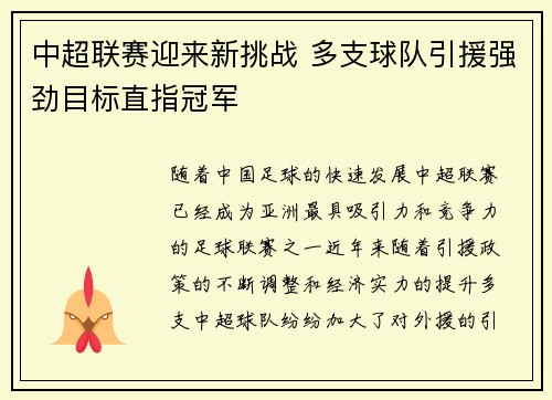 中超联赛迎来新挑战 多支球队引援强劲目标直指冠军