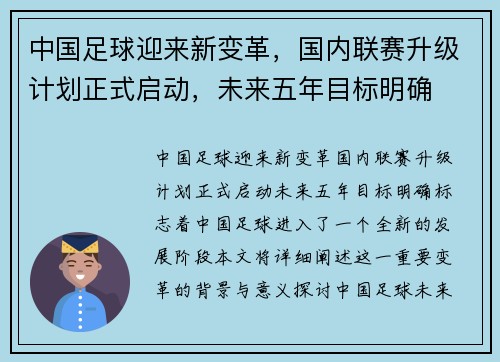 中国足球迎来新变革，国内联赛升级计划正式启动，未来五年目标明确