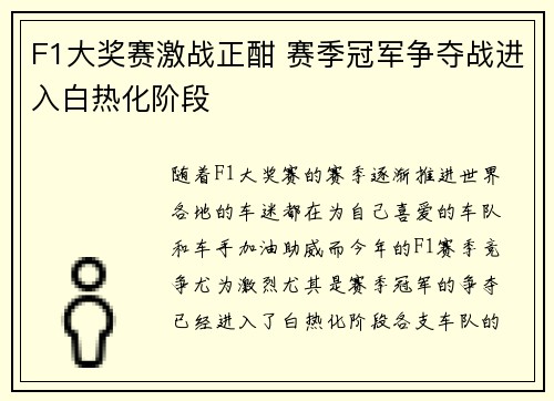 F1大奖赛激战正酣 赛季冠军争夺战进入白热化阶段
